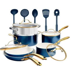 1855 Gotham Steel Blue/Cream Gold Handles 15 Piece Cookware Set - cozylivehome.com | we sell a wide range of comfortable household items* Housewares