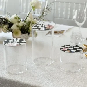 J-JKLM-CBLK Lucite Cookie Jars with Black Chic Checkered Lids Medium - cozylivehome.com | we sell a wide range of comfortable household items* Giftware