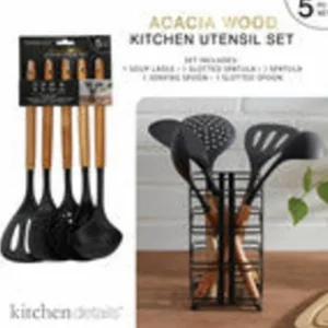 5Pc. Cooking Utensils -(Slotted Turners, Soup Ladle, Solid Spoon, Slotted Spoon ) 2 Tone Top Acacia- Bottom Black - cozylivehome.com | we sell a wide range of comfortable household items* Housewares