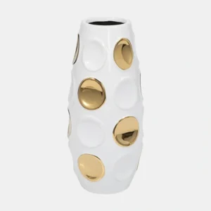 18376-07 Stoneware, 13" Circle Embossed Vase, White/gold - cozylivehome.com | we sell a wide range of comfortable household items* Giftware