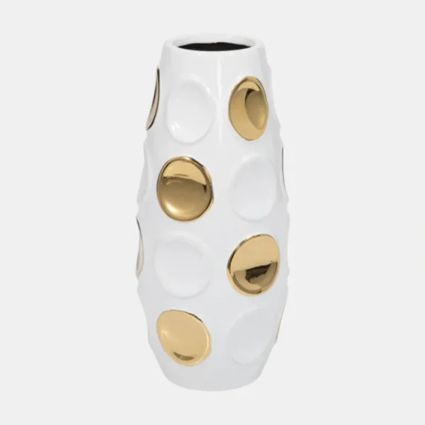 18376-07 Stoneware, 13" Circle Embossed Vase, White/gold - cozylivehome.com | we sell a wide range of comfortable household items* Giftware