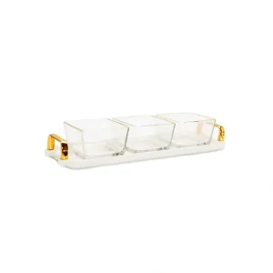 WSD2878 3 Bowl Serving Dish White Tray with Glass Bowls Gold Trimmed - 13.5"L x 4.25"W - cozylivehome.com | we sell a wide range of comfortable household items* Giftware